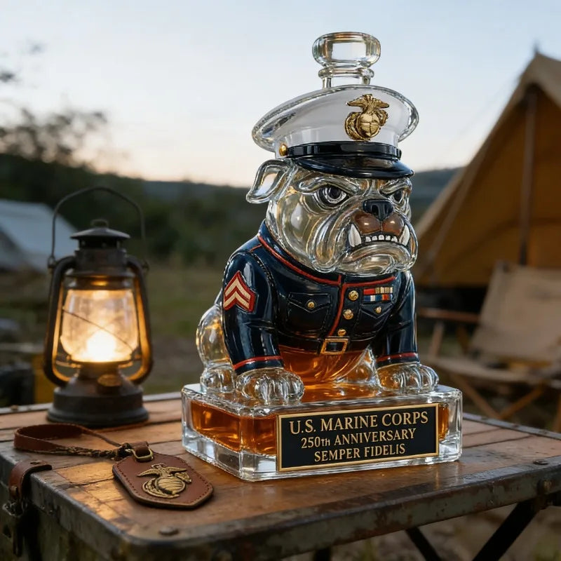 Patriotic U.S. Marine Corps Bulldog Decanter, Ideal 250th Anniversary Gift for Veterans