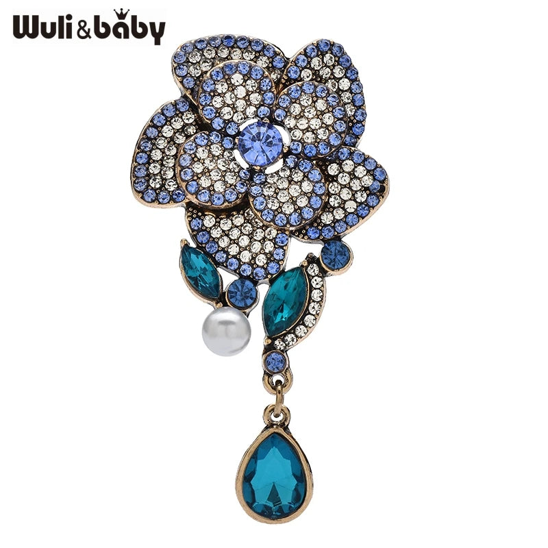 PENDRA Camellia 3-Color Vintage Rhinestone Flower Brooch