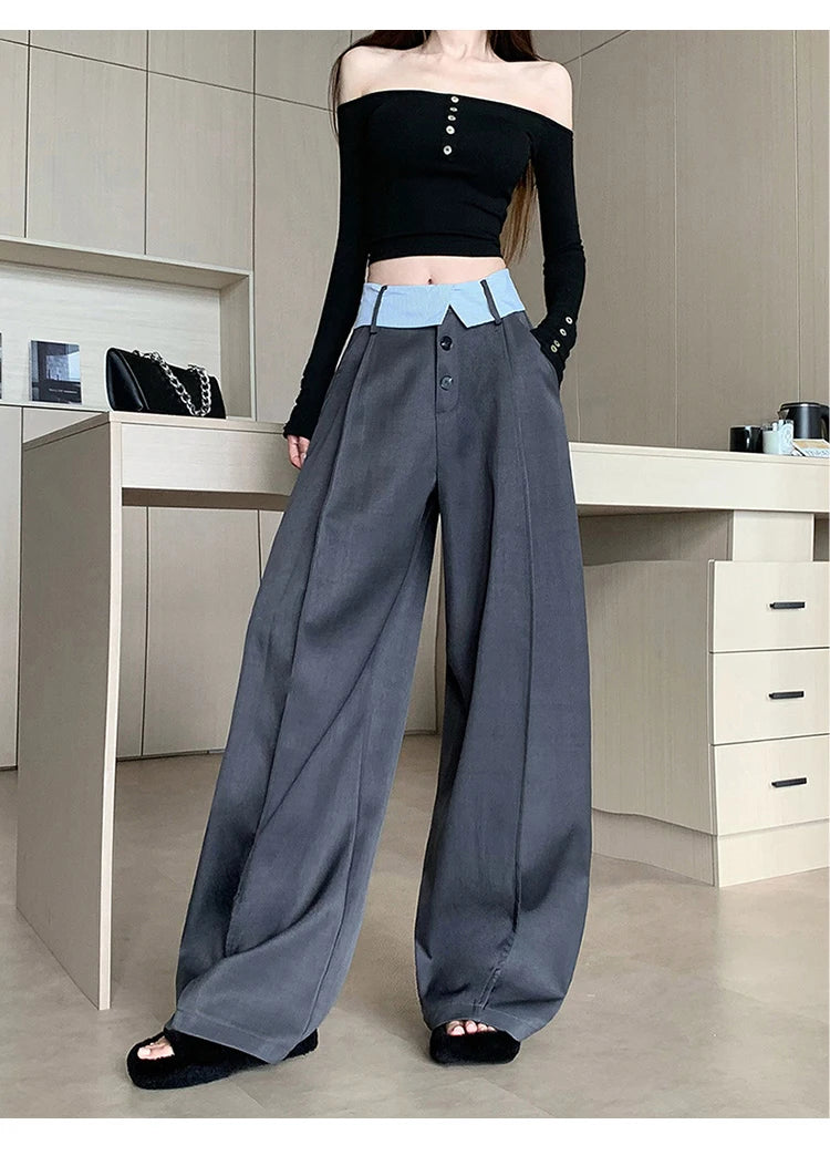 Suit wide leg pants women's autumn and winter striped patchwork high waisted casual fashion versatile straight leg pants