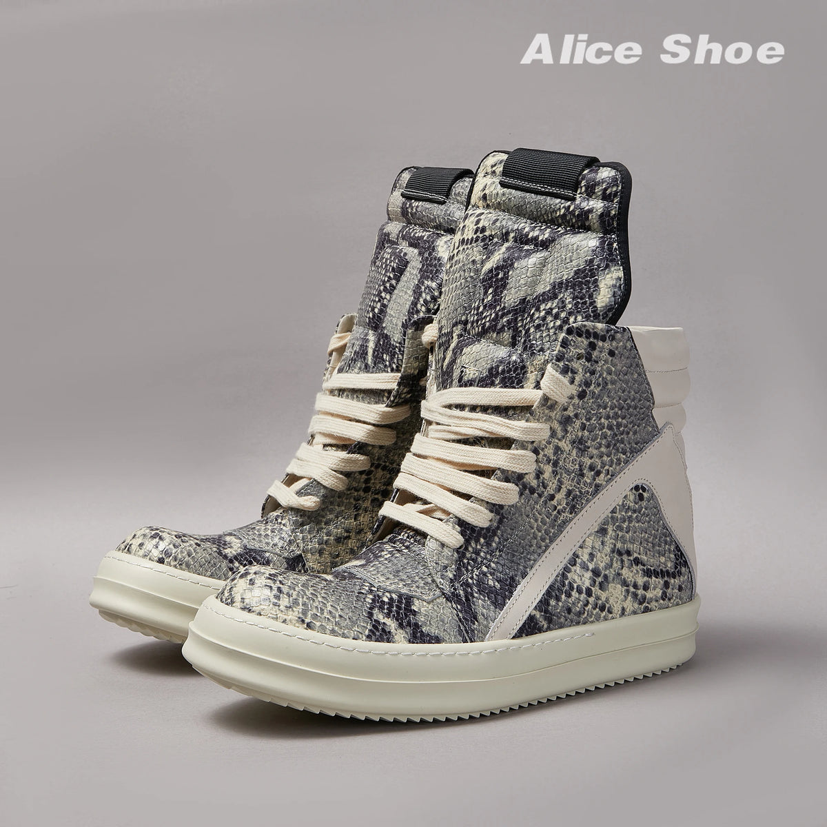 PENDRA Python Ash Grey Python-Embossed Leather High-Top Platform Ankle Boots