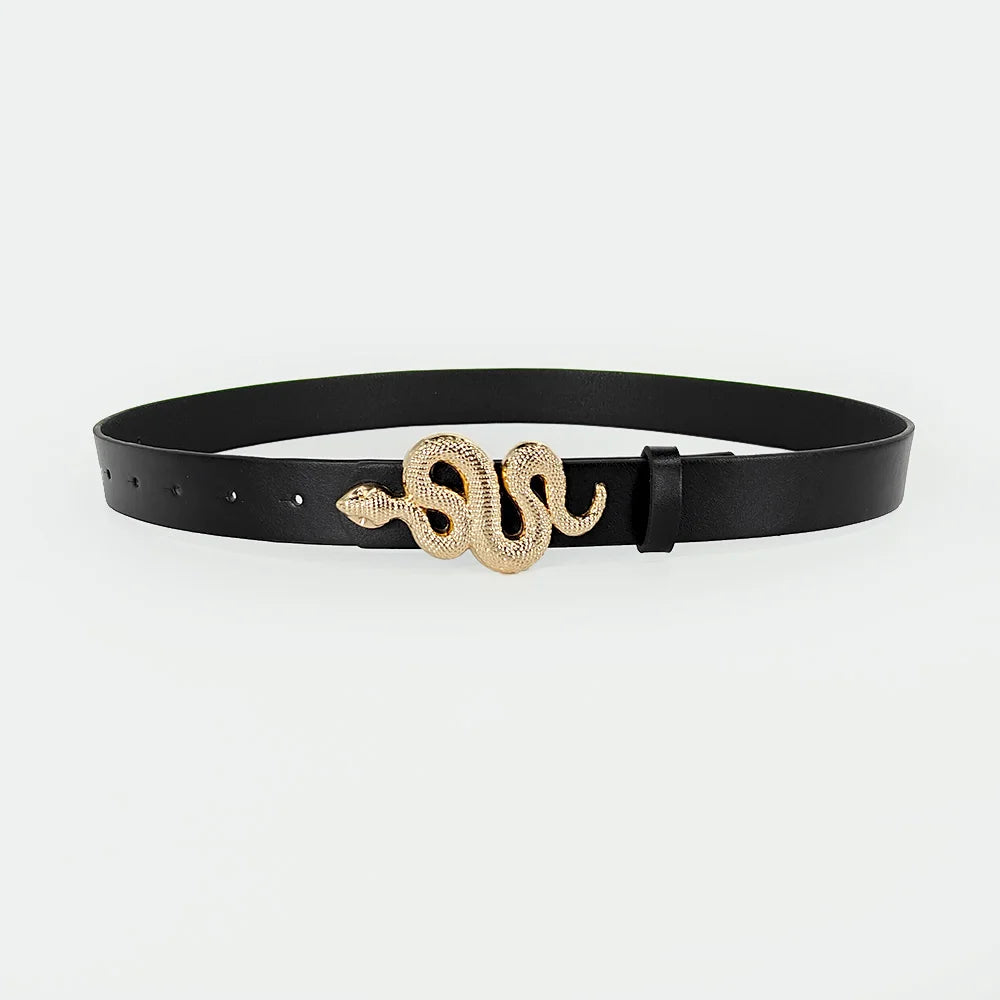 Hot Sale New Fashion Snake Belt Buckle with PU Leather Belt for Women Dress Designer Western Vintage Style Black Belts for Girls