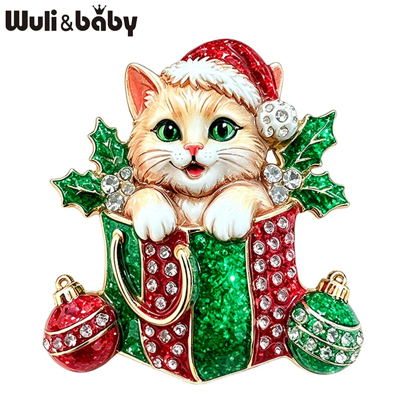 PENDRA Christmas Kitty Rhinestone Brooch