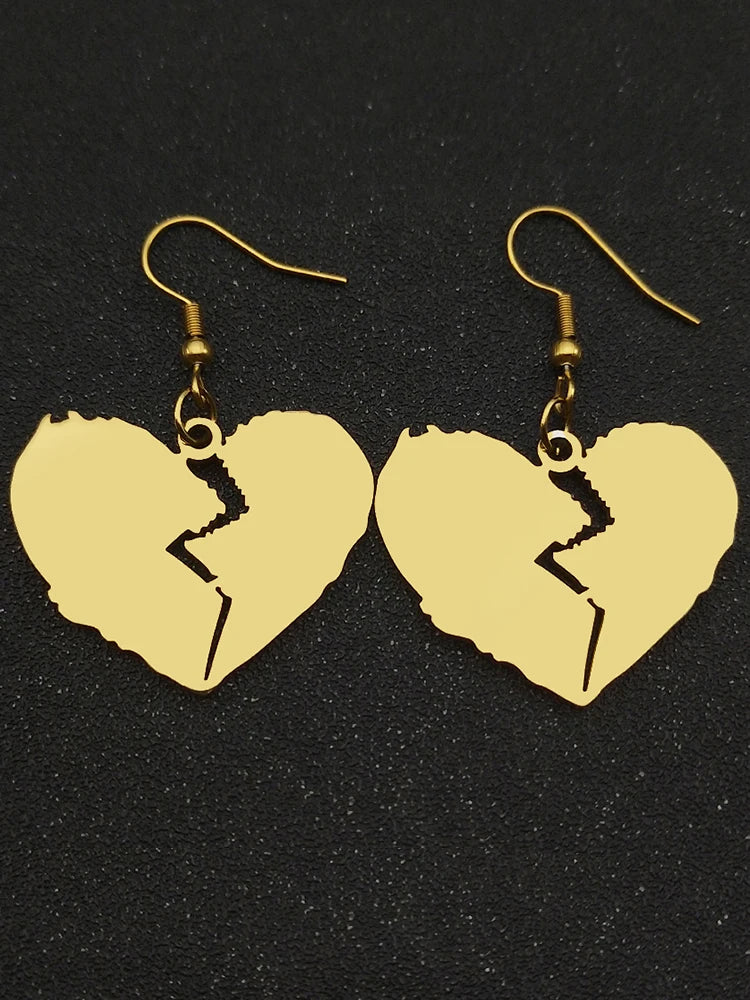 Gothic Style Broken Heart Dangle Earrings for Women Stainless Steel Gold Black Color Cool Girl Charm Party Drop Earrings Jewelry