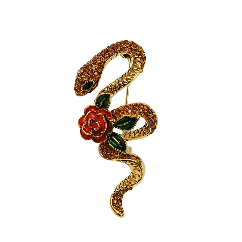 Wuli&baby Rhinestone Rose-flower Snake Brooches For Women Men 3-color Lovely Animal Party Brooch Pins Gifts