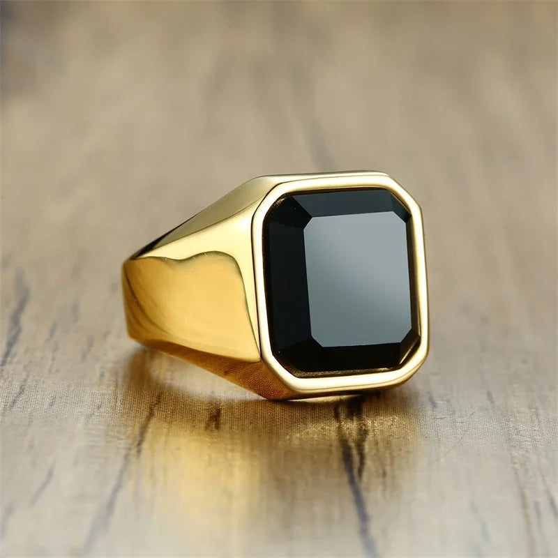 Rock Punk Geometric Square Natural Stone Signet Rings for Men, Stainless Steel Party Wear Finger Ring Gift Jewelry