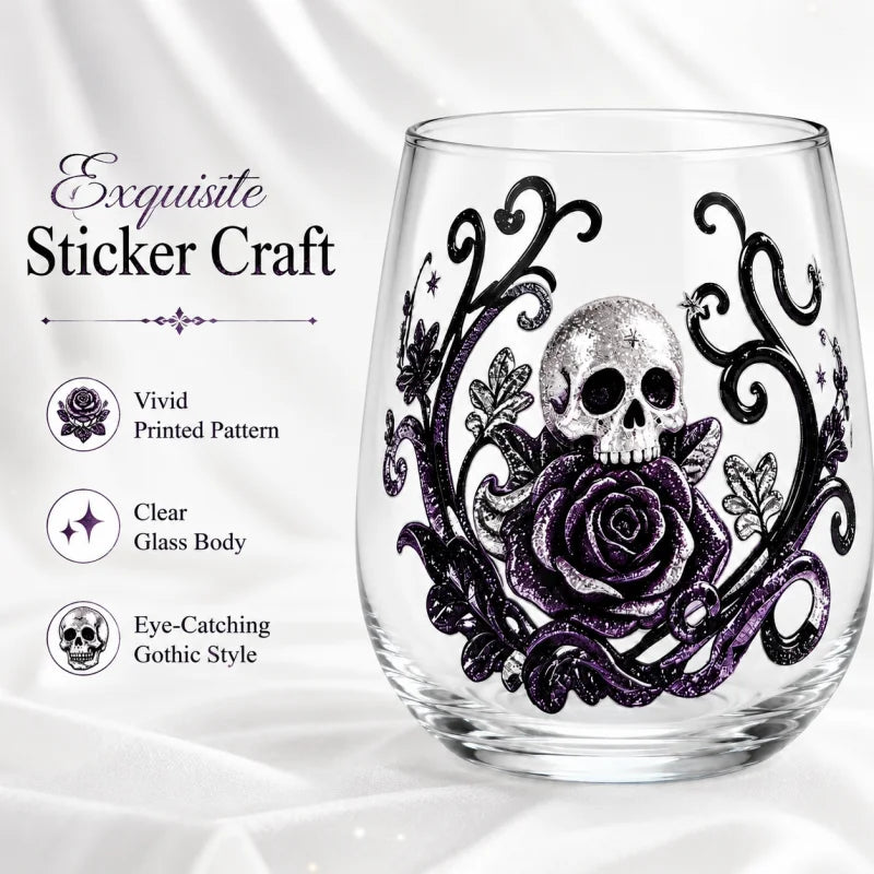 PENDRA Gothic Skull Silver-Glitter Purple-Rose Stemless Glass Tumbler