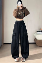Corduroy cargo wide leg pants women in winter 2025 new high waisted loose fit slimming and ankle tied casual pants