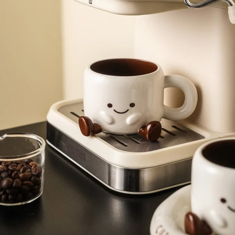 Cute Smiley Face Ceramic Coffee Mug with Saucer 3D Cartoon Design Tea Cup