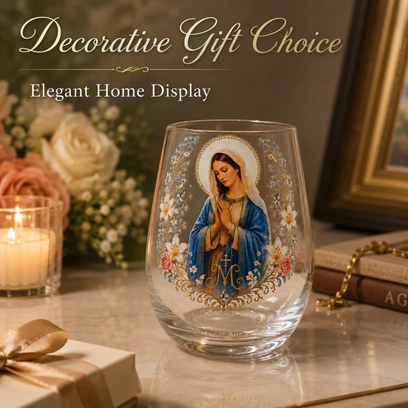 Virgin Mary 300ml Stemless Glass Tumbler Catholic Religious Whiskey Cup Christian Prayer Gift for Home Bar Decoration