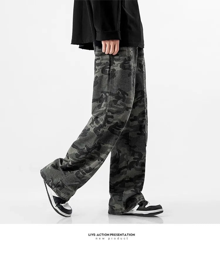 Camouflage Tooling Jeans Autumn New High Street Retro Loose Straight Wide Leg Baggy Trousers Cargo Pants Men Low Rise Jeans