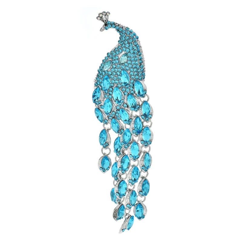 PENDRA Plume Rhinestone Tassel Peacock Brooch