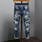 New High Quality Men's Clothing Casual Slim Pencil Pants Distressed Paint Patch Color Ink Graffiti Designer Long Jeans Trousers