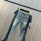 Lace Up Flare Jeans Retro Stitch Lace Whiskers Slim Low Rise Split Bootcut Pants Women Bell Bottoms Streetwear