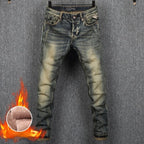 MEN FASHION Korean Style Clothes Brushed Fleece Denim Cargo Vintage Winter Straight Slim Luxury Streetwear 90s Trousers for Men