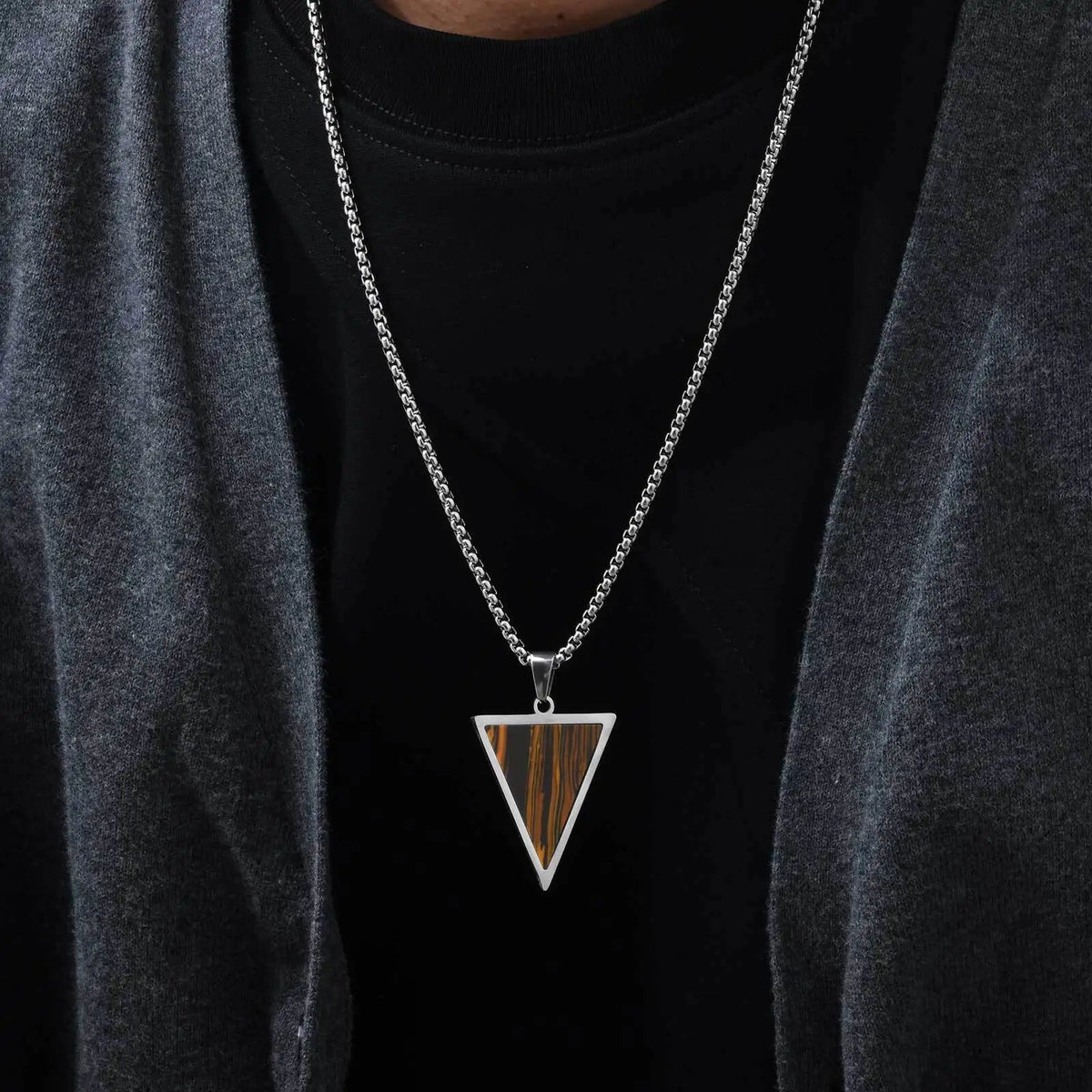 Geometric Pendant Necklace for Men Boys,Stainless Steel Inverted Triangle Natural Stone Collars,Trendy Jewelry Gifts