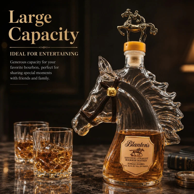 Blanton's Horse Head Shaped Crystal Whiskey Decanter, Bronze Horse Rider Stopper Liquor Bottle, Kentucky Bourbon Spirits Storage