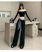 PENDRA Lace Panel High Waist Wide Leg Suit Pants