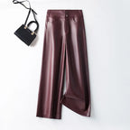 Autumn new high waisted leather pants women straight leg loose and fashionable versatile commuting solid color trousers