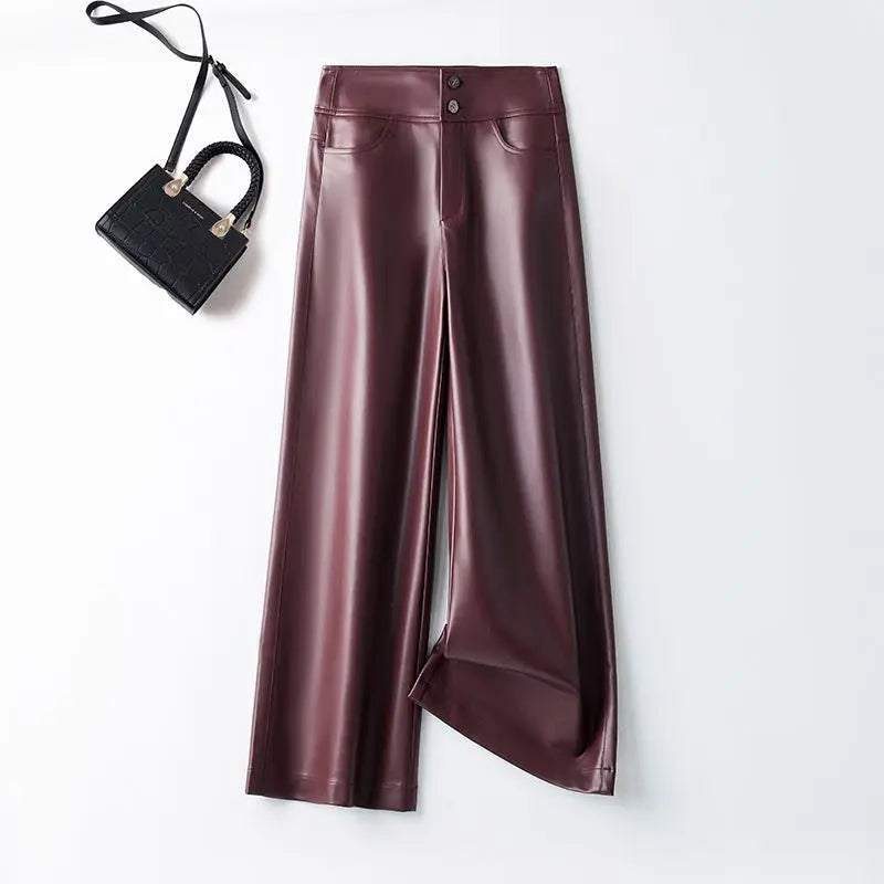 Autumn new high waisted leather pants women straight leg loose and fashionable versatile commuting solid color trousers