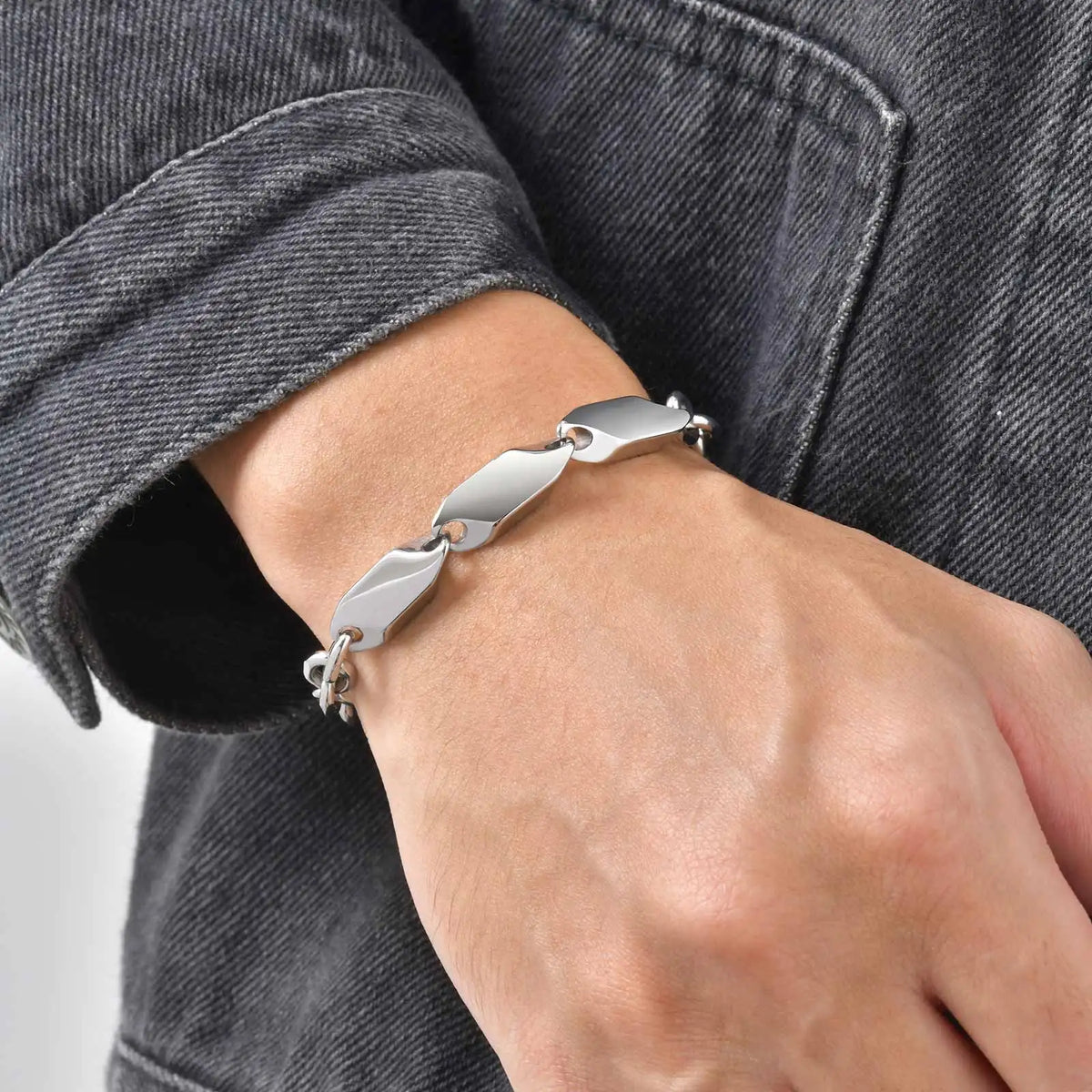 Cool Punk Stainless Steel Chain Bracelet for Men,21CM Silver Color Metal Chain Wristband,Hip Hop Jewelry Gift