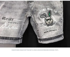 Korean Fashion Kpop Men's Casual Streetwear Boyfriend Designer Denim Shorts with Rabbit Embroidery for Summer Grey Short Jeans