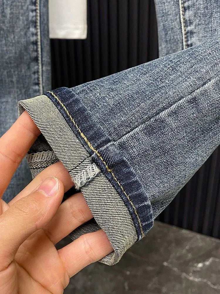 Trendy Brand 2026 Versatile Labeled Jeans for Men Stretch Slim Fit Simple Skinny Pants Trendy Cat Whisker Slimming Cropped Pants