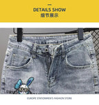 New Kpop Summer Casual Knee Length Men's Jeans Shorts Fashion Embroidered Rabbit Printed Hot Drilled Slim Thin Short Trousers