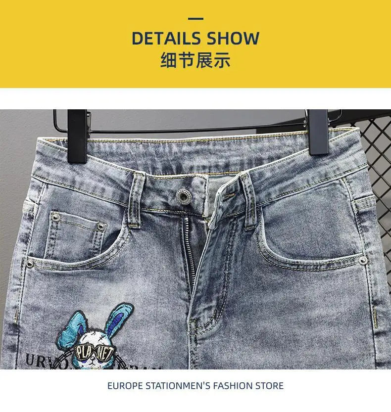 New Kpop Summer Casual Knee Length Men's Jeans Shorts Fashion Embroidered Rabbit Printed Hot Drilled Slim Thin Short Trousers