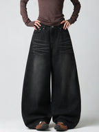 Women's American Vintage Applique Embroidery Design Black Loose Wide-Leg Jeans Y2K Street Trend Fashion Versatile Cocoon Pants