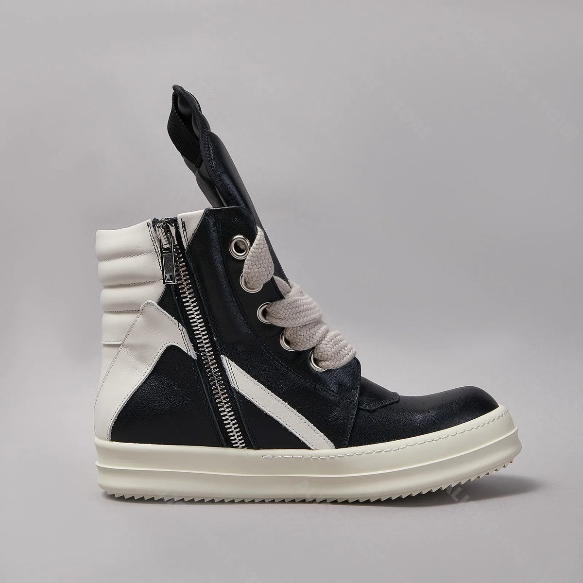 PENDRA Black Geobasket Black Leather High-Top Zip Jumbo-Lace Ankle Boots