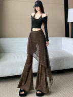 Women's autumn and winter sequin fart curtain fake two high waisted slimming and floor dragging casual flared pants