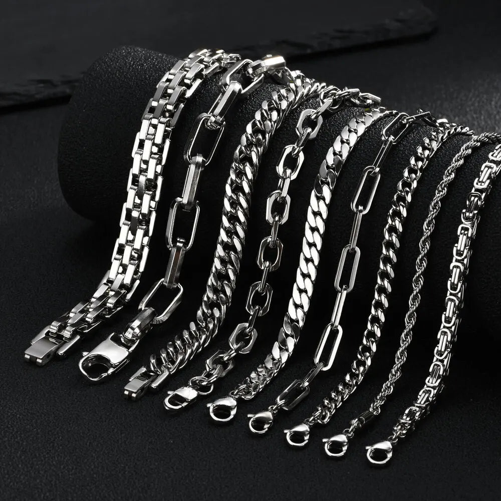 Punk Silver Color Men's Chain Bracelets,Hip Hop Stainless Steel Braided Link Wristband,Classic Metal Jewelry Gift for Him Dad