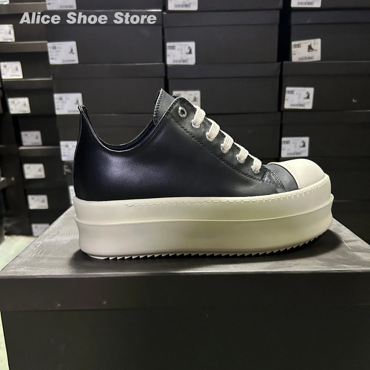 PENDRA Noir Luxe Black Genuine Leather 6cm Platform Flat Sneakers