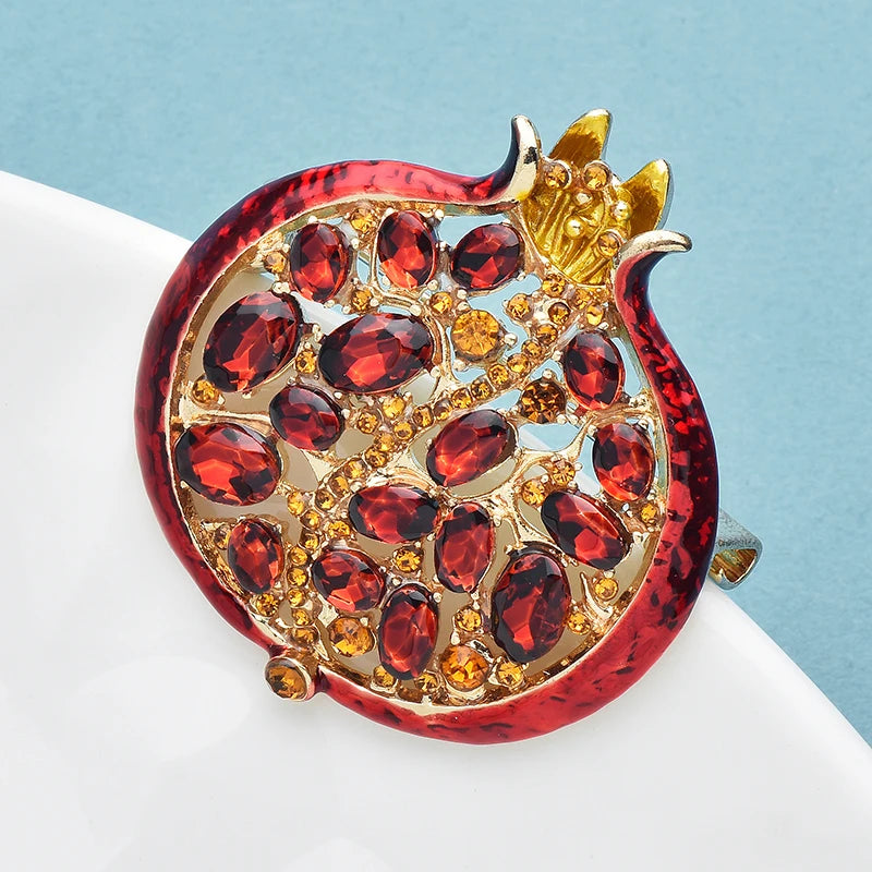 PENDRA Garnet 3-Color Enamel Rhinestone Pomegranate Brooch