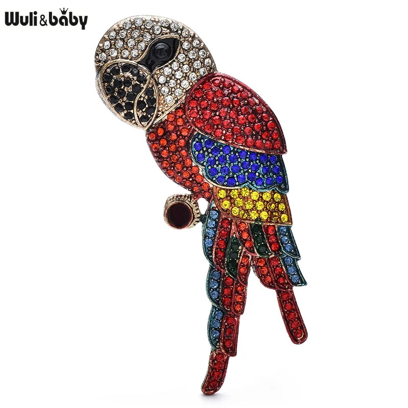 Wuli&baby Full Rhinestone Big Head Parrot Bird Brooch Pins For Women Jewelry Accessory Gift Animal Badge