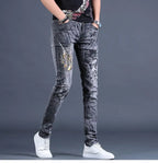 Spring and Autumn 2025 New Men's Jeans Gray Trendy Tiger Head Hot Diamond Printing Slim-fit Small Feet Trousers Men's Clothing