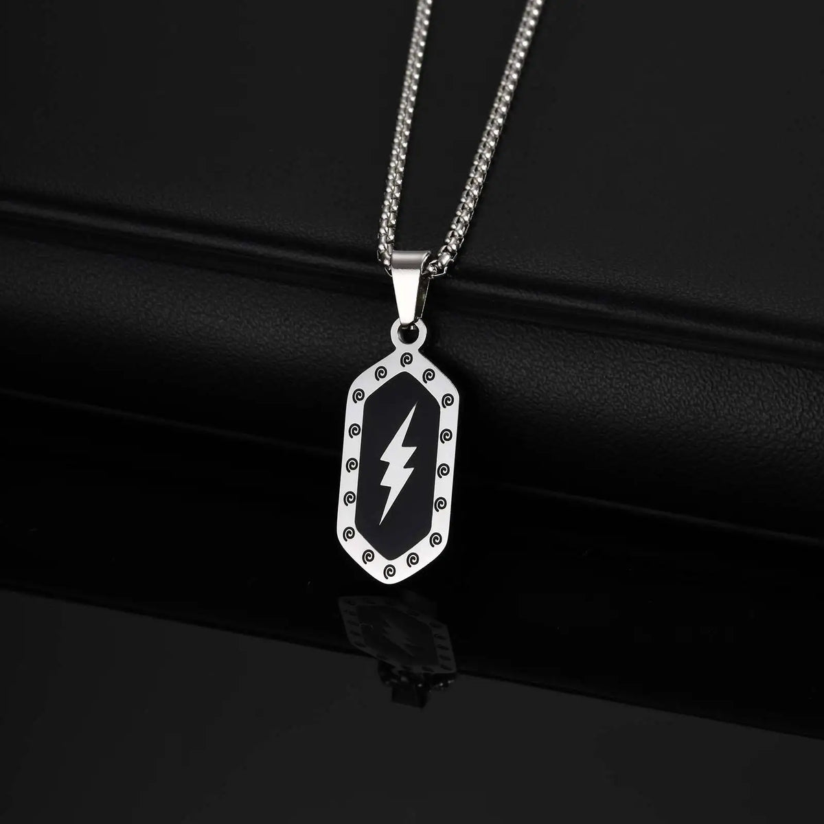Stylish Lightning Pattern Necklace for Men,Black Enamel Hexagonal Stainless Steel Pendant,Punk Jewelry Gift for Him