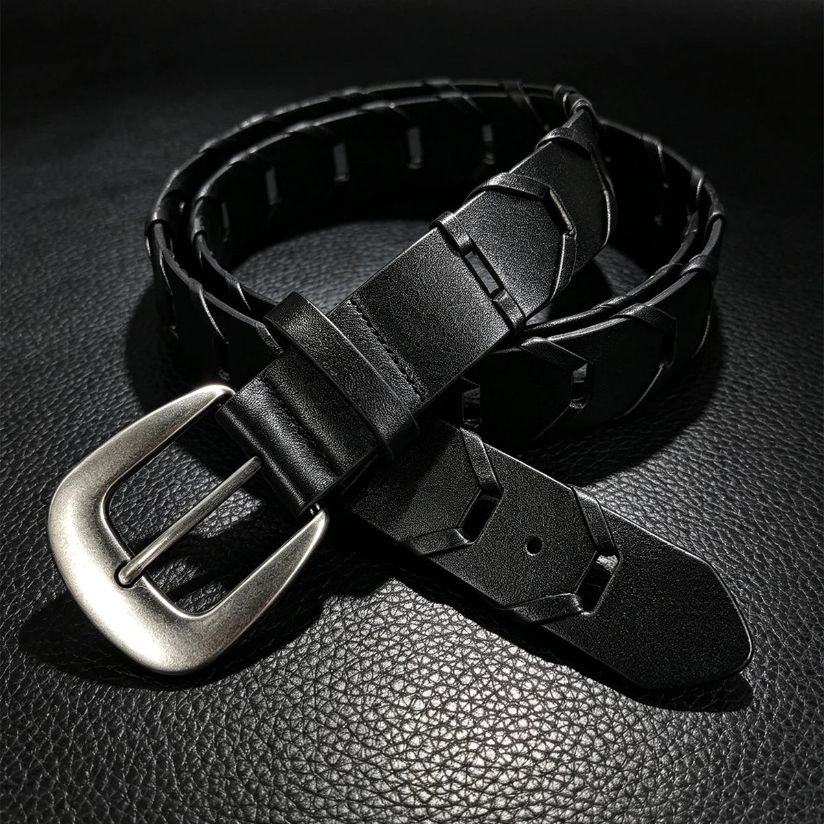 Women Pu Leather Braided Belts Webbing Vintage Punk Black Belts Pin Buckle Casual for Jeans Belt Gothic Accessories