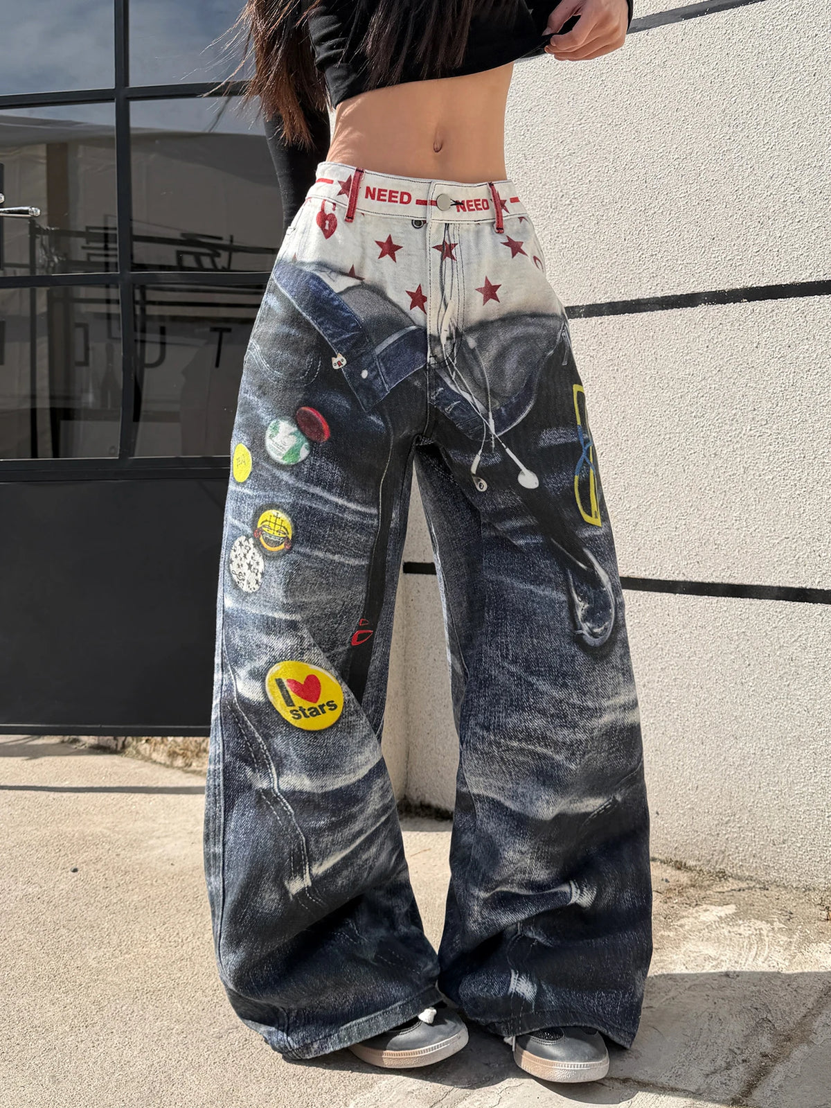 American High-Street 3D Print Design Blue Loose Jeans Y2K Street Trendy Fashion Versatile High-Waist Wide-Leg Pants