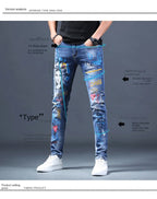 Spring Autumn Harajuku Fashion Art Craft Graphical Paintings 2000s Streetwear Male Slim Boyfriend Stylish Pants Denim Jeans Men