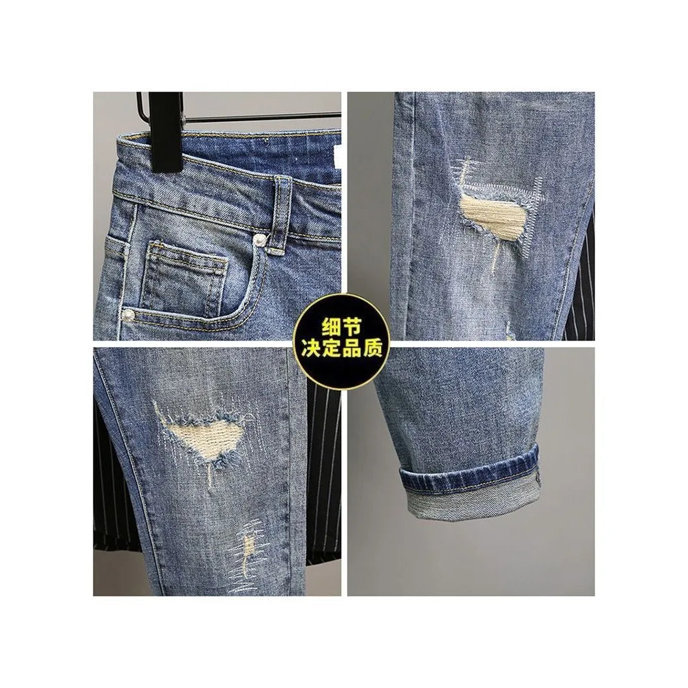 Casual Spring and Autumn Slim Denim Pencil Pants Men's Jean 2024 New Broken Hole Slim Fit Beggar Design High Street Washed Jeans