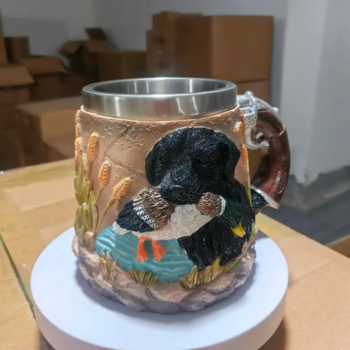 3D Embossed Duck Hunting Mug - Stainless Steel, Pistol Grip Handle, Vintage Outdoor Coffee Cup for Hunters & Wildlife Lovers