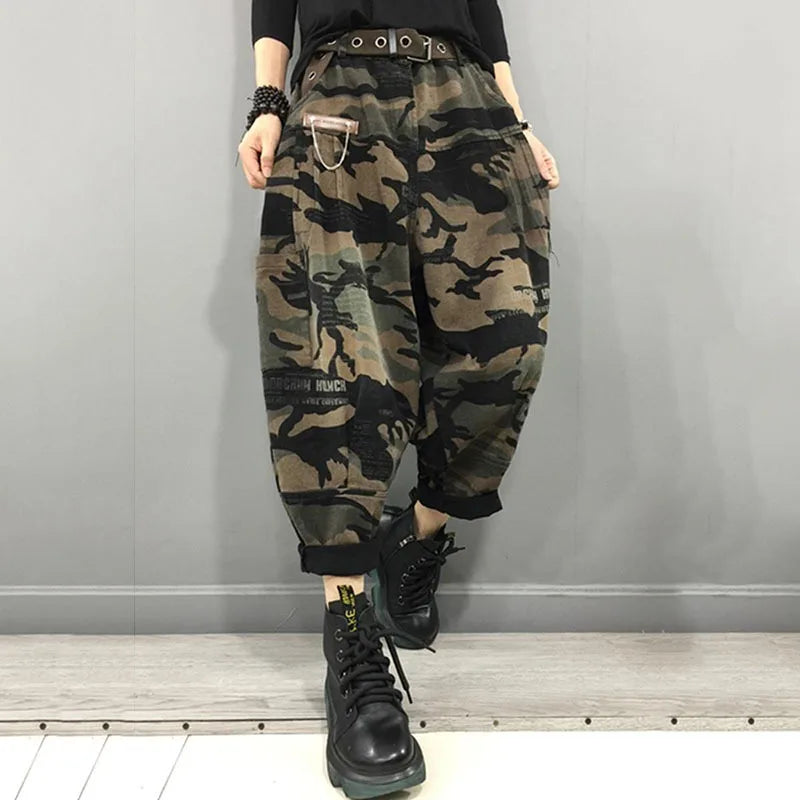 New Arrival 2024 Spring Autumn Women High Waist Ankle-length Loose Vintage Jeans camouflage Cotton Denim Harem Pants