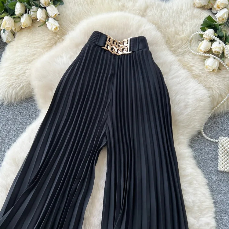 Korean version light mature style high waisted pleated wide leg pants women's spring commuting loose high-end fashion pants