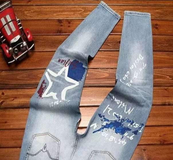 Spring Autumn Korean Popular Clothes Jeans Men's Printed Slim-fitting Pants 2026 New Stretch High-end Elastic Casual Trousers