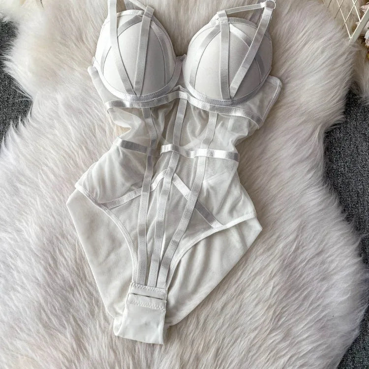 Sexy spicy girl with chest cushion jumpsuit women's summer new see through mesh slimming sexy niche design camisole vest