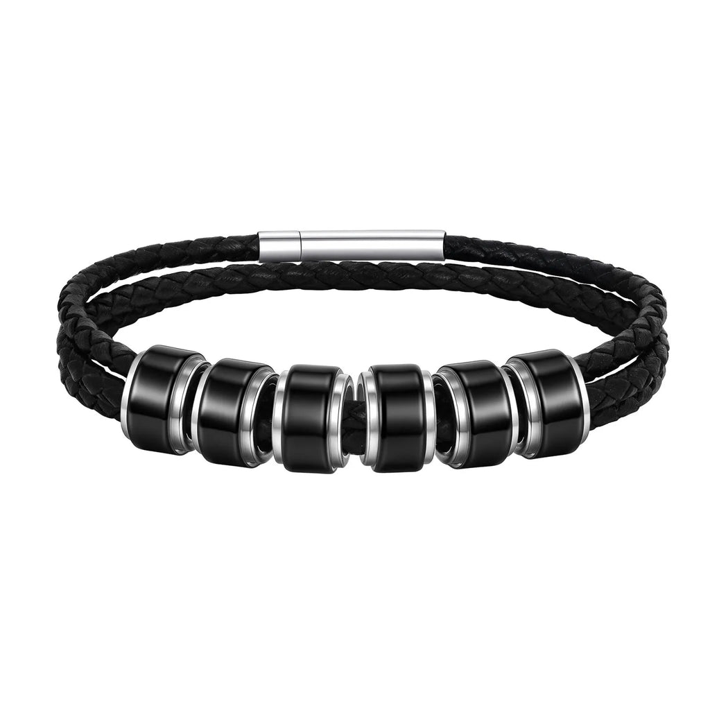 Customized Baeded Bracelets for Men Boys,3-Layers Leather Bracelet with Stainless Steel Tube,Jeweley Gift for Dad Husband