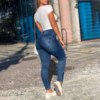 Hip lifting high waisted zipper hem tight jeans, multi pocket high stretch casual denim work pants, women's jeans and clothing