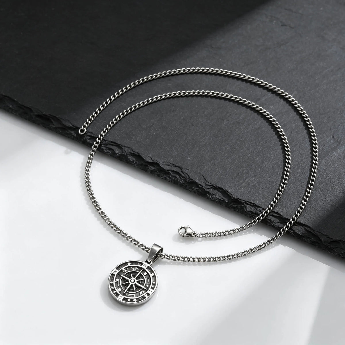 Vintage Compass Pendant Necklace for Men,Stainless Steel Antique Grey Compass Charm Necklace,Lucky Graduation Jewelry Gift