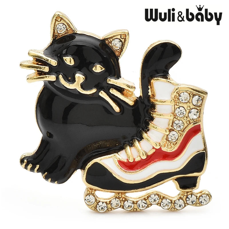 Wuli&baby Cat And Ice-skate Shoes Brooches For Women Unisex 3-color Enamel Winter Skating Shoe New Year Brooch Pins Gifts